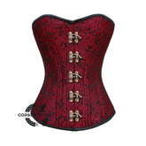 Red Brocade With Front Antique Clasps Double Bone Overbust Corset
